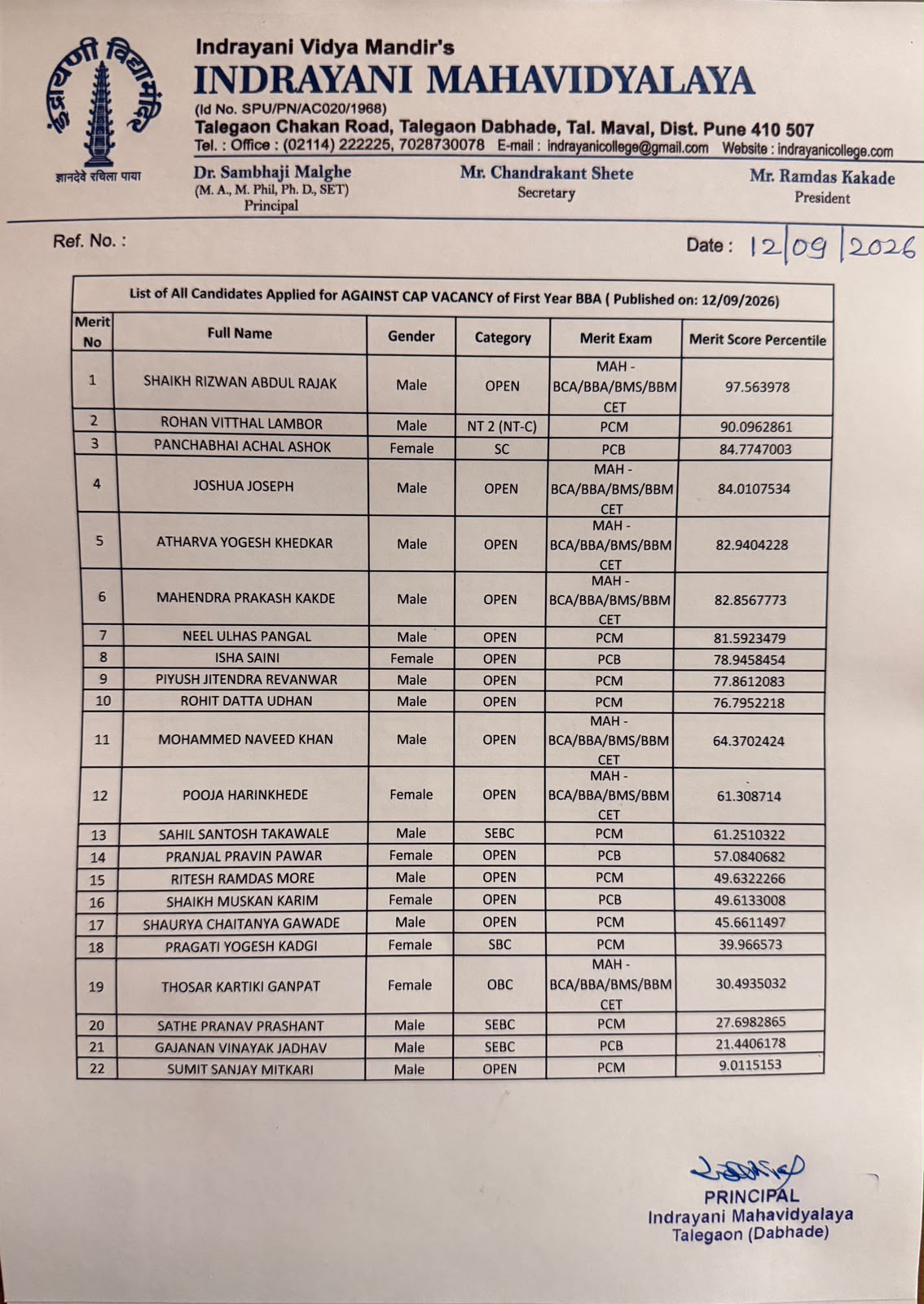 Admission Notification - M1
